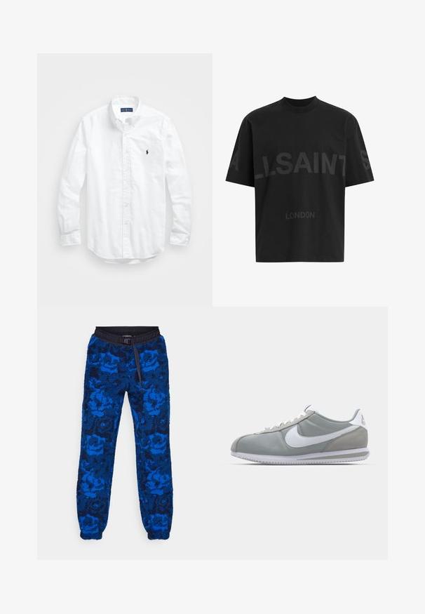 Camicia bianca a maniche lunghe con bottoni in cotone. Presenta un colletto classico, polsini a bottone e un piccolo logo ricamato in blu navy sul petto.; T-shirt nero oversize con il testo grigio scuro "ALLSAINTS" sul petto e "LONDON" in lettere più piccole sottostante.; Jogging blu in fleece con un motivo floreale, dotati di una cintura elastica nera e cordino. Tessuto strutturato con polsini elasticizzati alle caviglie.; Scarpa sportiva grigia con tomaia in camoscio e tessuto, swoosh Nike bianco e lacci bianchi. Presenta una suola in gomma testurizzata e un collare imbottito.
