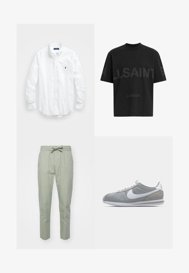 Camisa blanca de manga larga de algodón con botones. Presenta un cuello clásico, puños con botones y un pequeño logo bordado en azul marino en el pecho.; Camiseta negra de gran tamaño con el texto en gris oscuro "ALLSAINTS" en el pecho y "LONDON" en letras más pequeñas debajo.; Pantalones ajustados de color verde claro, con cintura elástica y cordón ajustable; hechos de una suave tela texturizada para mayor comodidad.; Zapatilla deportiva gris con parte superior de ante y textil, swoosh blanco de Nike y cordones blancos. Presenta una suela de goma texturizada y un collar acolchado.