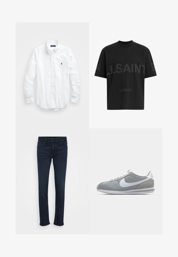 Valge pikkade varrukatega kotitõmblusega särk puuvillast. Omab klassikalist kraed, nööpidega mansette ja väikest tumesinist tikandit rinnal.; Musthave suuruses must T-särk tumedatest halli "ALLSAINTS" tekstiga rinnal ja väiksemate tähtedega all "LONDON".; Tumedat sinised teksad sirge jala lõikega, klassikalise viie taskuga disainiga, metallist nööbi ja vöökoonustega taljes.; Hallitus hallikets pro piletse ja teki, valge Nike swoosh ja valged paelad. Omab tekstuuriga kummitalda ja polsterdatud krae.