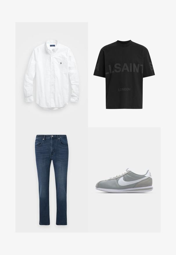 Cămașă albă cu mânecă lungă și nasturi din bumbac. Are un guler clasic, manșete cu nasturi și un mic logo brodat în navy pe piept.; Cămășă oversized neagră cu text de culoare gri închis "ALLSAINTS" pe piept și "LONDON" în litere mai mici dedesubt.; Jeans din denim slim-fit de culoare albastru închis, cu buzunare frontale și pentru monede, închidere cu nasture și ușoară decolorare pe coapse.; Pantofii sport gri au un superior din suede și textil, cu simbolul Nike alb și șireturi albe. Dispun de o talpă din cauciuc texturat și un guler căptușit.