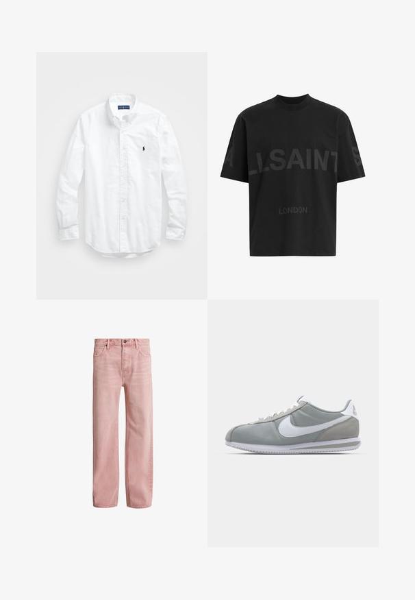 Hvit langermet skjorte i bomull med knapper. Har en klassisk krage, knappe mansjetter og en liten marineblå brodert logo på brystet.; Svart oversized T-skjorte med mørkegrå "ALLSAINTS" tekst over brystet og "LONDON" i mindre bokstaver under.; AllSaints LENNY - Jeans relaxed fit - light pink; Grå idrettssko med overdel i semsket skinn og tekstil, hvit Nike swoosh og hvite snøringer. Har en teksturert gummisåle og polstret krage.