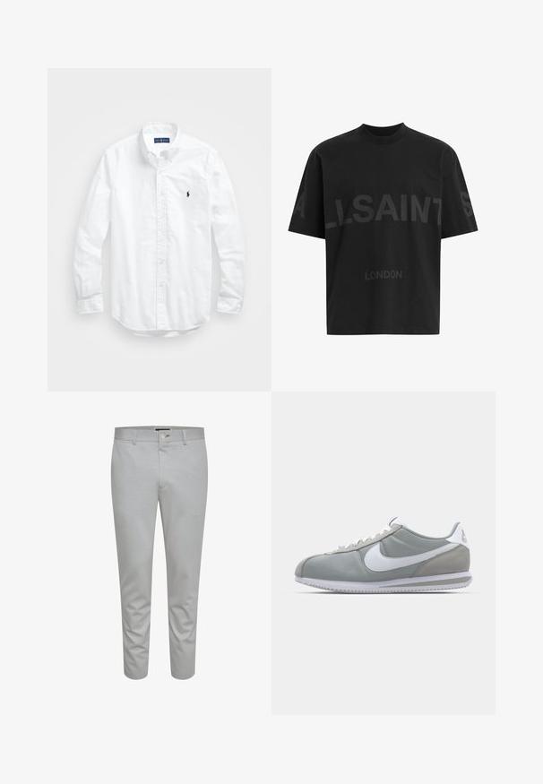 Cămașă albă cu mânecă lungă și nasturi din bumbac. Are un guler clasic, manșete cu nasturi și un mic logo brodat în navy pe piept.; Tricou negru din bumbac, cu croială lejeră, având un design tonal mare cu textul „ALLSAINTS” și inscripția „LONDON” pe față. Mâneci scurte, gât rotund.; Pantaloni tailored gri deschis, cu o textură netedă, dotate cu închidere buton, bucle pentru curea și buzunare frontale. Design scurt, până la gleznă.; Pantofii sport gri au un superior din suede și textil, cu simbolul Nike alb și șireturi albe. Dispun de o talpă din cauciuc texturat și un guler căptușit.