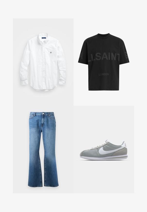 Hvit langermet skjorte i bomull med knapper. Har en klassisk krage, knappe mansjetter og en liten marineblå brodert logo på brystet.; Svart oversized T-skjorte med mørkegrå "ALLSAINTS" tekst over brystet og "LONDON" i mindre bokstaver under.; Blå denim jeans med høy midje og vid benklipp, med frontlommer, beltestropper og kneppefeste.; Grå idrettssko med overdel i semsket skinn og tekstil, hvit Nike swoosh og hvite snøringer. Har en teksturert gummisåle og polstret krage.