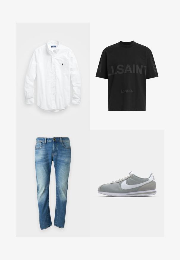 Hvit langermet skjorte i bomull med knapper. Har en klassisk krage, knappe mansjetter og en liten marineblå brodert logo på brystet.; Svart bomulls-T-skjorte med løs passform, med et stort tonalt "ALLSAINTS"-design og teksten "LONDON" på forsiden. Korte ermer, rund hals.; Blå falmede straight-leg denimbukser med fem lommer, knaplukning og synlige sømdetaljer foran.; Grå idrettssko med overdel i semsket skinn og tekstil, hvit Nike swoosh og hvite snøringer. Har en teksturert gummisåle og polstret krage.