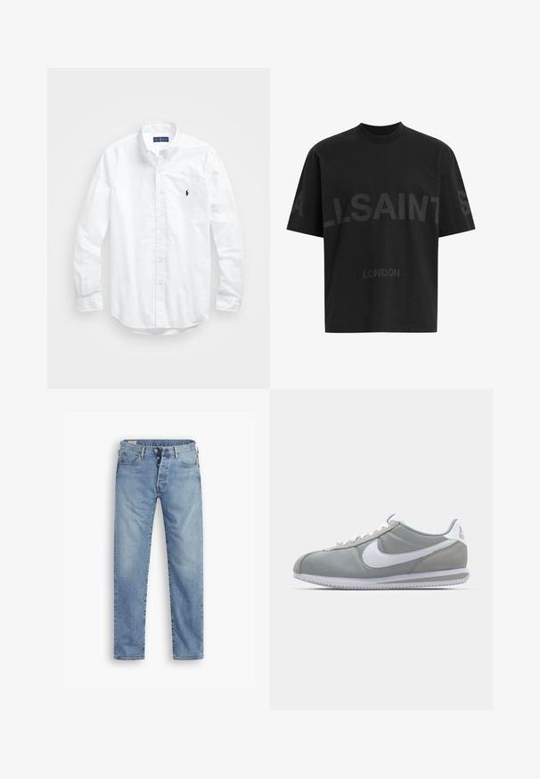 Camisa de botões de manga longa branca em algodão. Apresenta um colarinho clássico, punhos com botão e um pequeno logótipo bordado em azul-marinho no peito.; T-shirt oversized preta com texto em cinza escuro "ALLSAINTS" ao longo do peito e "LONDRES" em letras menores abaixo.; Jeans de denim azul claro com corte reto. Possui um fecho de botão, cinco bolsos e uma textura ligeiramente desbotada.; Sapatilha atlética cinza com um cabedal em camurça e têxtil, símbolo Nike branco e atacadores brancos. Apresenta uma sola de borracha texturizada e colarinho acolchoado.