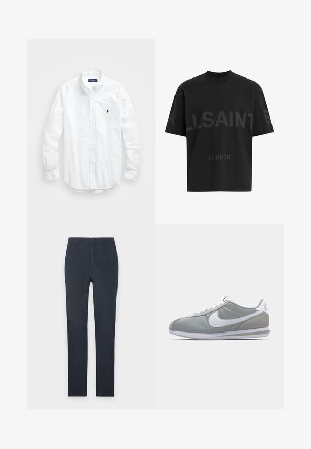 Hvit langermet skjorte i bomull med knapper. Har en klassisk krage, knappe mansjetter og en liten marineblå brodert logo på brystet.; Svart oversized T-skjorte med mørkegrå "ALLSAINTS" tekst over brystet og "LONDON" i mindre bokstaver under.; Mørk marineblå bukser laget av lett stoff med smal passform. Har glidelås med knapp foran og lommer. Glatt tekstur, uten mønstre.; Grå idrettssko med overdel i semsket skinn og tekstil, hvit Nike swoosh og hvite snøringer. Har en teksturert gummisåle og polstret krage.