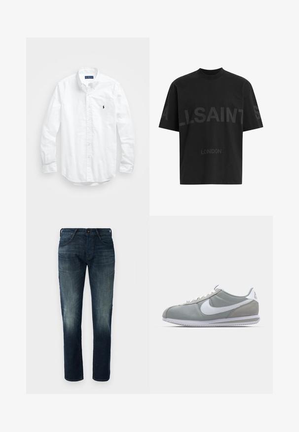Bela dolg rokav srajca s gumbi iz bombaža. Ima klasičen ovratnik, gumbnice na zapestjih in majhen temno moder vezen logotip na prsih.; Črna oversize majica s短kimi rokavi z temno sivo napisano besedo "ALLSAINTS" čez prsi in "LONDON" v manjših črkah spodaj.; Temno modri jeans ravnega kroja s rahlim zbledeljem na stegnih in kolenih, sprednjim gumbom in zadrgo ter petimi žepi.; Sive tenisice za šport z zgornjim delom iz semiša in tekstila, belim Nike swooshom in belimi vezalkami. Imajo strukturirano gumijasto podplat in oblazinjen ovratnik.