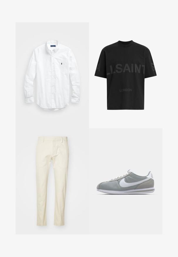 Balta garām piedurknēm pogājamā krekla izgatavots no kokvilnas. Iezīmē klasisku apkakli, poga aproces un mazu tumši zilu izšūtu logo uz krūšu.; Melna pārstrādāta T-kreklā ar tumši pelēku "ALLSAINTS" tekstu pār krūtīm un "LONDON" mazākā izmērā zem tā.; Beigās kokvilnas bikses ar taisnu kāju dizainu, priekšējo rāvējslēdzēju un plakaniem kabatām. Tekstūrēta auduma ar gludu apdari.; Pelēkie sporta apavi ar zamša un tekstila augšu, balto Nike logotipu un baltiem šņorēm. Iezīmējas ar strukturētu gumijas zoli un mīkstu apkaklīti.