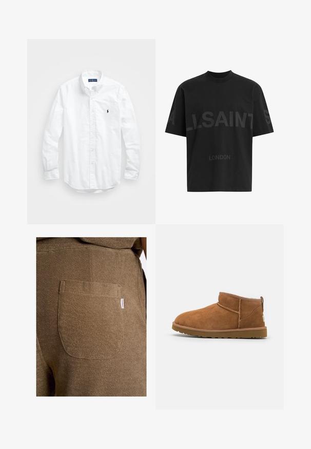 Valkoinen pitkähihaisessa napitetussa paidassa, joka on valmistettu puuvillasta. Siinä on klassinen kaulus, napilliset hihansuut ja pieni tummansininen brodeerattu logo rinnassa.; Mustat ylisuuret T-paidat, joissa on tummanharmaa "ALLSAINTS" -teksti rinnassa ja "LONDON" pienemmillä kirjaimilla alapuolella.; Lindbergh ELASTIC WAIST - Shortsit - dk stone; Vaaleanruskeat mokkasaappaat nilkkapituiset, joissa on pyöristetty kärki, hienovaraiset ommeltydet ja teksturoitu kumipohja. Lyhyt malli ilman nauhoja.