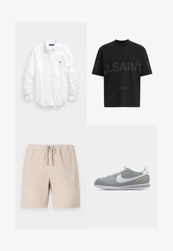Hvit langermet skjorte i bomull med knapper. Har en klassisk krage, knappe mansjetter og en liten marineblå brodert logo på brystet.; Svart oversized T-skjorte med mørkegrå "ALLSAINTS" tekst over brystet og "LONDON" i mindre bokstaver under.; 120% Lino MEN BERMUDA - Shorts - sand; Grå idrettssko med overdel i semsket skinn og tekstil, hvit Nike swoosh og hvite snøringer. Har en teksturert gummisåle og polstret krage.