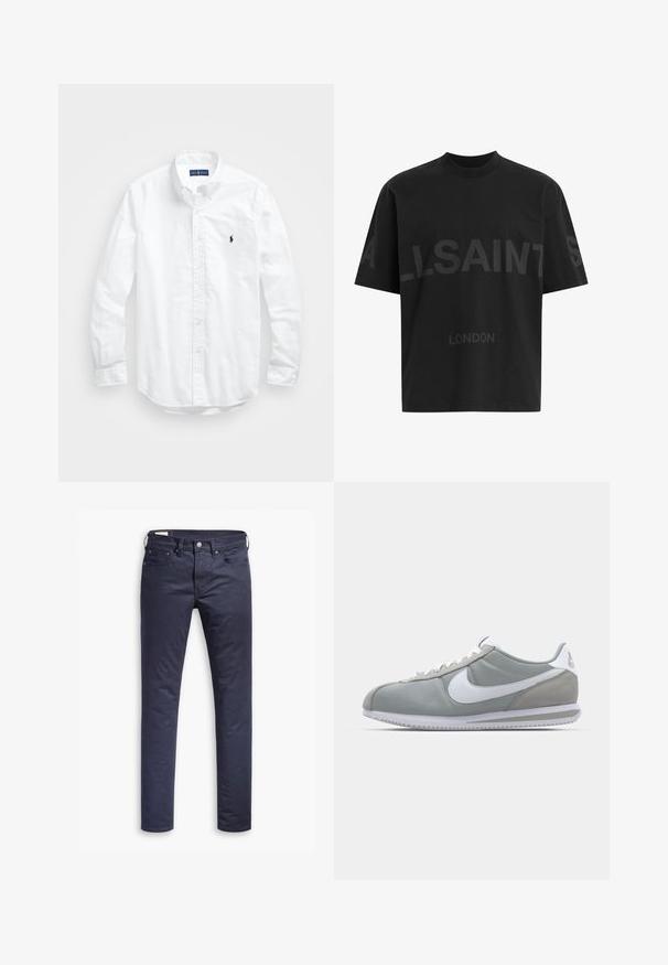 Hvit langermet skjorte i bomull med knapper. Har en klassisk krage, knappe mansjetter og en liten marineblå brodert logo på brystet.; Svart oversized T-skjorte med mørkegrå "ALLSAINTS" tekst over brystet og "LONDON" i mindre bokstaver under.; Marineblå bomullsbukser med rett snitt, som har fem lommer, glidelås og metallknapplukking. Glatt tekstur og enkel design.; Grå idrettssko med overdel i semsket skinn og tekstil, hvit Nike swoosh og hvite snøringer. Har en teksturert gummisåle og polstret krage.
