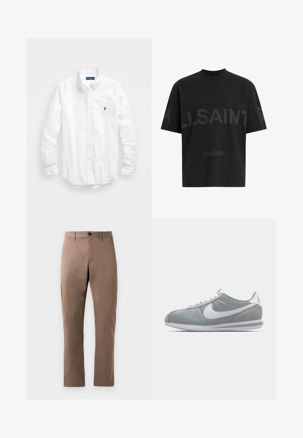 Camisa de botões de manga longa branca em algodão. Apresenta um colarinho clássico, punhos com botão e um pequeno logótipo bordado em azul-marinho no peito.; T-shirt de algodão preta com corte descontraído, apresentando um grande design tonal "ALLSAINTS" e o texto "LONDON" na parte da frente. Mangas curtas, gola redonda.; Calças castanhas de perna reta feitas de um tecido de algodão suave, com fecho frontal por botão e um design limpo, sem padrões ou acentos.; Sapatilha atlética cinza com um cabedal em camurça e têxtil, símbolo Nike branco e atacadores brancos. Apresenta uma sola de borracha texturizada e colarinho acolchoado.