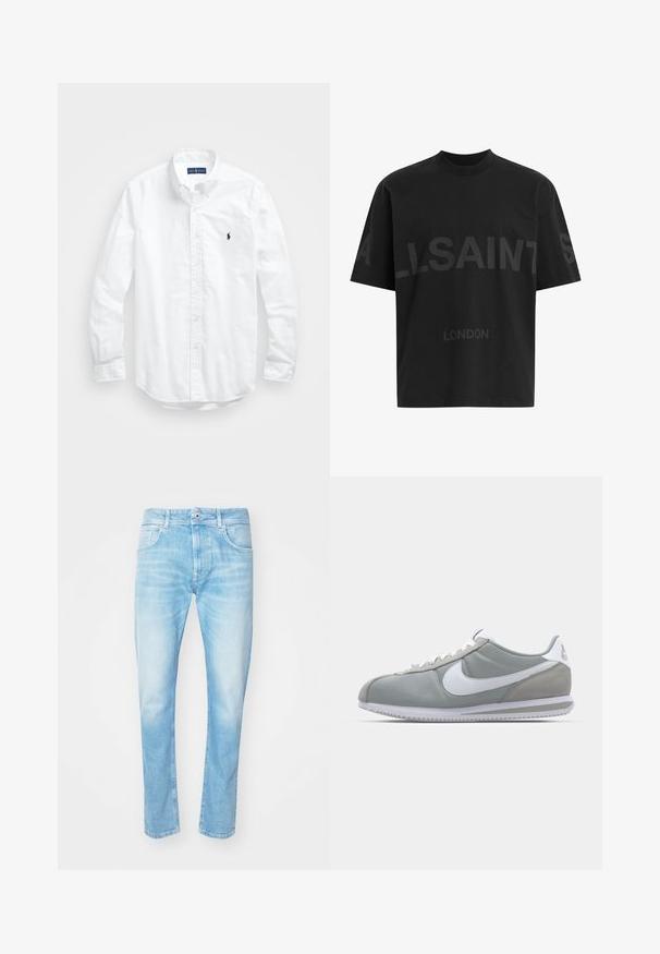 Bela dolg rokav srajca s gumbi iz bombaža. Ima klasičen ovratnik, gumbnice na zapestjih in majhen temno moder vezen logotip na prsih.; Črna bombažna majica z ohlapnim krojem, z velikim tonalnim napisom "ALLSAINTS" in besedo "LONDON" na sprednji strani. Kratki rokavi, okrogel izrez.; Svetlo modri kavbojke ravnega kroja, ki imajo dva sprednja žepa in gumbasto zapiranje. Oblečene, z rahlo teksturo.; Sive tenisice za šport z zgornjim delom iz semiša in tekstila, belim Nike swooshom in belimi vezalkami. Imajo strukturirano gumijasto podplat in oblazinjen ovratnik.