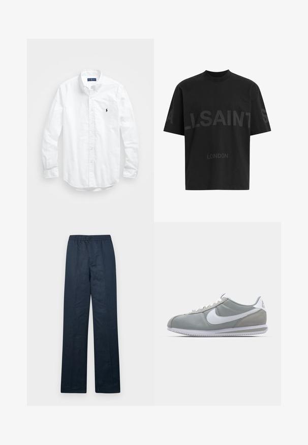 Balta garām piedurknēm pogājamā krekla izgatavots no kokvilnas. Iezīmē klasisku apkakli, poga aproces un mazu tumši zilu izšūtu logo uz krūšu.; Melna pārstrādāta T-kreklā ar tumši pelēku "ALLSAINTS" tekstu pār krūtīm un "LONDON" mazākā izmērā zem tā.; Navy zils linu bikses ar brīvu piegriezumu, elastīgu jostu un vienu pogu. Iespējas taisnas kājas un minimāla tekstūra.; Pelēkie sporta apavi ar zamša un tekstila augšu, balto Nike logotipu un baltiem šņorēm. Iezīmējas ar strukturētu gumijas zoli un mīkstu apkaklīti.