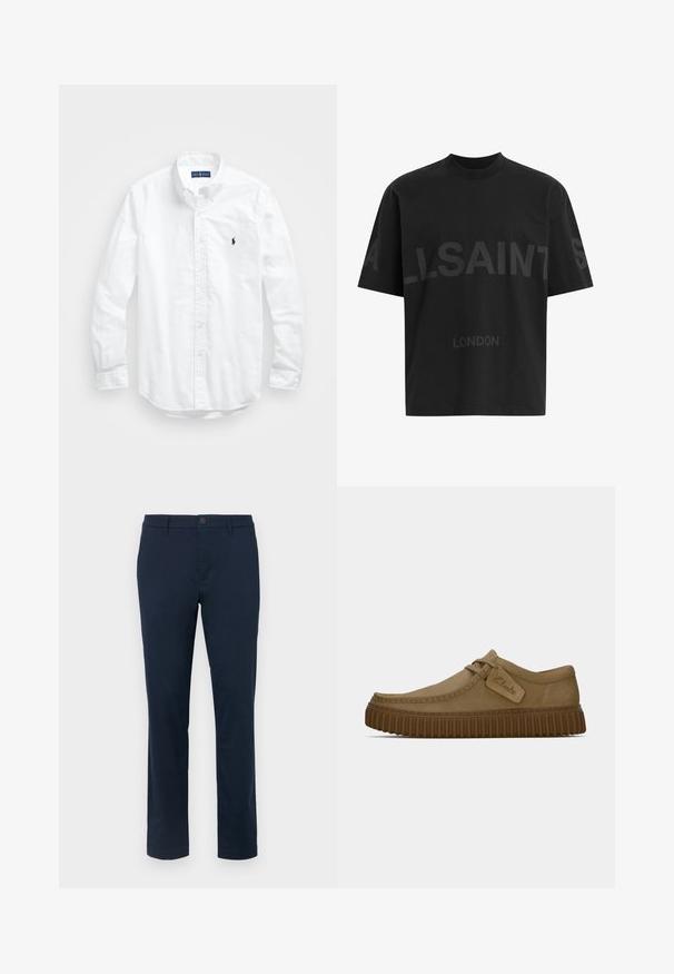 Fehér, hosszú ujjú, gombos férfiing pamutból. Klasszikus gallérral, gombos mandzsettával és egy kis sötétkék hímzett logóval a mellrészen.; Fekete, túlméretes póló sötétszürke "ALLSAINTS" felirattal a mellkason, alatta kisebb betűkkel "LONDON" felirattal.; Sötét tengerészkék chinos nadrág sima anyagból. Egyenes szárú kialakítás, egy gombos zárással és övhurkokkal. Látható minták vagy kiegészítők nélkül.; Világosbarna velúr cipők, lekerekített orral, díszített varrással és bordás barna gumi talppal. Az oldalon található egy címke a "Clarks" logójával.