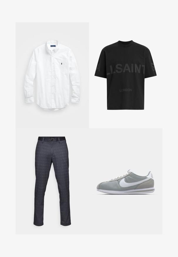 Bílá košile s dlouhým rukávem a knoflíkovým zapínáním vyrobená z bavlny. Má klasický límec, knoflíkové manžety a malé námořnické vyšívané logo na hrudi.; Černé oversized tričko s tmavě šedým nápisem "ALLSAINTS" na hrudi a menším textem "LONDON" pod ním.; Tmavě modré kalhoty s texturovaným kostkovaným vzorem, s plochým předním dílem, poutky na opasek, bočními kapsami a klasickým zapínáním na knoflík.; Šedá sportovní bota s svrchní částí z semiše a textilu, bílým logem Nike a bílými tkaničkami. Obsahuje texturovanou gumovou podrážku a polstrovaný límec.