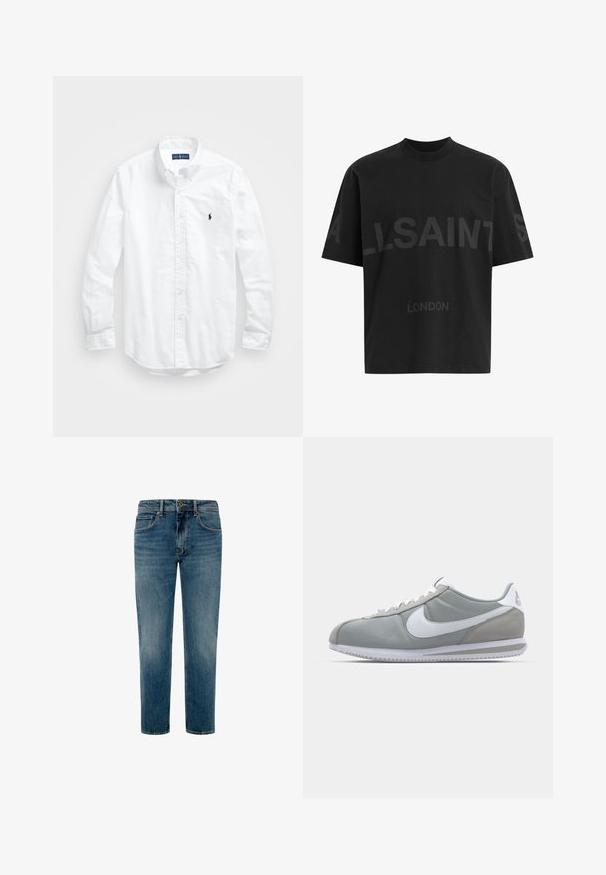 Bela dolg rokav srajca s gumbi iz bombaža. Ima klasičen ovratnik, gumbnice na zapestjih in majhen temno moder vezen logotip na prsih.; Črna oversize majica s短kimi rokavi z temno sivo napisano besedo "ALLSAINTS" čez prsi in "LONDON" v manjših črkah spodaj.; Svetlo modri kavbojke z ravnim krojem, standardnim petim žepnim dizajnom in minimalnim zbledelostjo po celotnem materialu.; Sive tenisice za šport z zgornjim delom iz semiša in tekstila, belim Nike swooshom in belimi vezalkami. Imajo strukturirano gumijasto podplat in oblazinjen ovratnik.