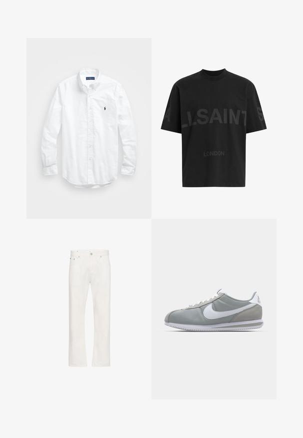 Bijela košulja dugih rukava s gumbima izrađena od pamuka. Ima klasični ovratnik, gumbaste manžete i mali brodasti logo u tamnoplavoj boji na prsima.; Crna majica od pamuka opuštenog kroja s velikim toniranim natpisom "ALLSAINTS" i tekstom "LONDON" na prednjoj strani. Kratki rukavi, okrugli izrez.; Bijele traperice od denima s ravnim krojem, dizajnom s pet džepova i vidljivim šavovima. Imaju zatvaranje na dugme i petlje za remen.; Sive sportske tenisice s gornjim dijelom od antilopa i tekstila, bijelim Nike swooshom i bijelim vezicama. Imaju teksturirani gumeni đon i podstavljeni ovratnik.