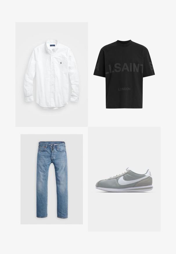 Valge pikkade varrukatega kotitõmblusega särk puuvillast. Omab klassikalist kraed, nööpidega mansette ja väikest tumesinist tikandit rinnal.; Musthave suuruses must T-särk tumedatest halli "ALLSAINTS" tekstiga rinnal ja väiksemate tähtedega all "LONDON".; Heledad sinised teksad sirge jala disainiga, viie tasku ja nööbist sulgemisega. Omab õrna pleekimist ja õmbluse aktsente.; Hallitus hallikets pro piletse ja teki, valge Nike swoosh ja valged paelad. Omab tekstuuriga kummitalda ja polsterdatud krae.