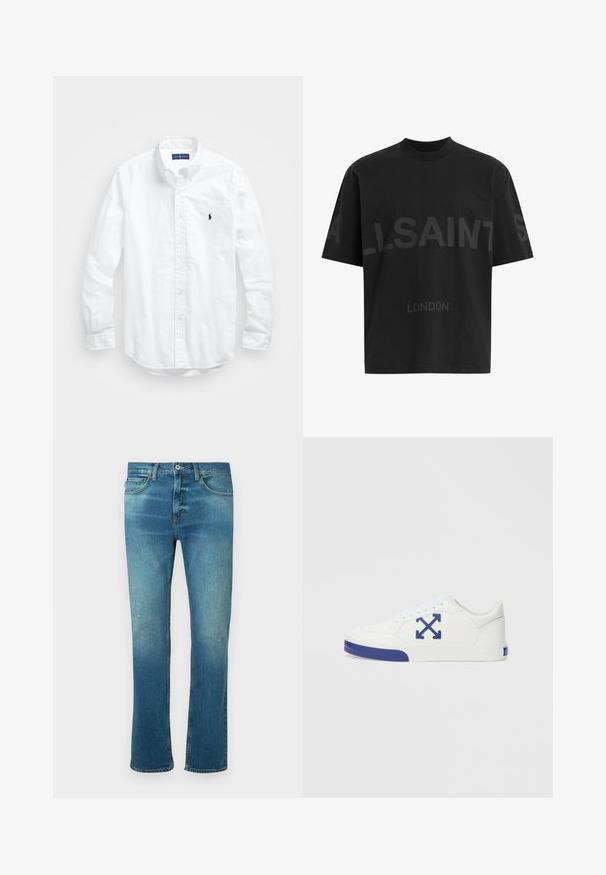 Hvit langermet skjorte i bomull med knapper. Har en klassisk krage, knappe mansjetter og en liten marineblå brodert logo på brystet.; Svart oversized T-skjorte med mørkegrå "ALLSAINTS" tekst over brystet og "LONDON" i mindre bokstaver under.; Blå denim jeans med rett snitt, med en falmet finish, lett slitasje på knærne, og klassisk fem-lomme design.; Hvit joggesko med teksturert overflate, blå aksent på tåen og logoen, snøring og en flat gummisåle.