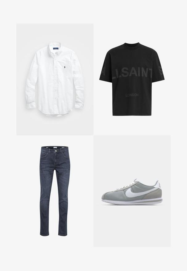 Hvit langermet skjorte i bomull med knapper. Har en klassisk krage, knappe mansjetter og en liten marineblå brodert logo på brystet.; Svart bomulls-T-skjorte med løs passform, med et stort tonalt "ALLSAINTS"-design og teksten "LONDON" på forsiden. Korte ermer, rund hals.; Mørkeblå denimjeans med slim fit, med fem lommer, lys søm og en klassisk glidelås med knappelukking.; Grå idrettssko med overdel i semsket skinn og tekstil, hvit Nike swoosh og hvite snøringer. Har en teksturert gummisåle og polstret krage.
