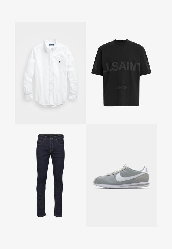 Fehér, hosszú ujjú, gombos férfiing pamutból. Klasszikus gallérral, gombos mandzsettával és egy kis sötétkék hímzett logóval a mellrészen.; Fekete, túlméretes póló sötétszürke "ALLSAINTS" felirattal a mellkason, alatta kisebb betűkkel "LONDON" felirattal.; Sötét farmernadrág, slim fit szabással, öt zsebbel, narancssárga varrásokkal és klasszikus gombos zárással a deréknál.; Szürke sportcipő velúr és textil felsőrésszel, fehér Nike pipa logóval és fehér fűzőkkel. Jellemzője egy texturált gumi talp és párnázott bokarész.