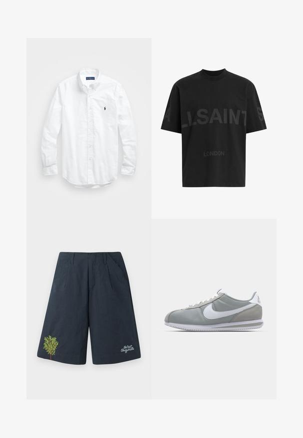 White long-sleeve button-up shirt in cotton. Features a classic collar, button cuffs, and a small navy embroidered logo on the chest.; Black cotton t-shirt with a relaxed fit, featuring a large tonal "ALLSAINTS" design and "LONDON" text on the front. Short sleeves, round neck.; Navy blue shorts made of lightweight fabric, featuring a green embroidered tree design and white script logo on the bottom right.; Gray athletic shoe with a suede and textile upper, white Nike swoosh, and white laces. Features a textured rubber sole and padded collar.
