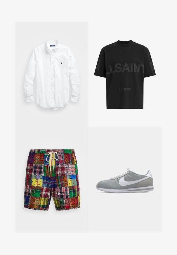 Bijela košulja dugih rukava s gumbima izrađena od pamuka. Ima klasični ovratnik, gumbaste manžete i mali brodasti logo u tamnoplavoj boji na prsima.; Crna oversize majica s tamnosivim natpisom "ALLSAINTS" preko prsiju i "LONDON" manjim slovima ispod.; Šareni kupaći šortsi od patchworka s mješavinom uzoraka, s remenom na vezanje i laganom, teksturiranom tkaninom.; Sive sportske tenisice s gornjim dijelom od antilopa i tekstila, bijelim Nike swooshom i bijelim vezicama. Imaju teksturirani gumeni đon i podstavljeni ovratnik.