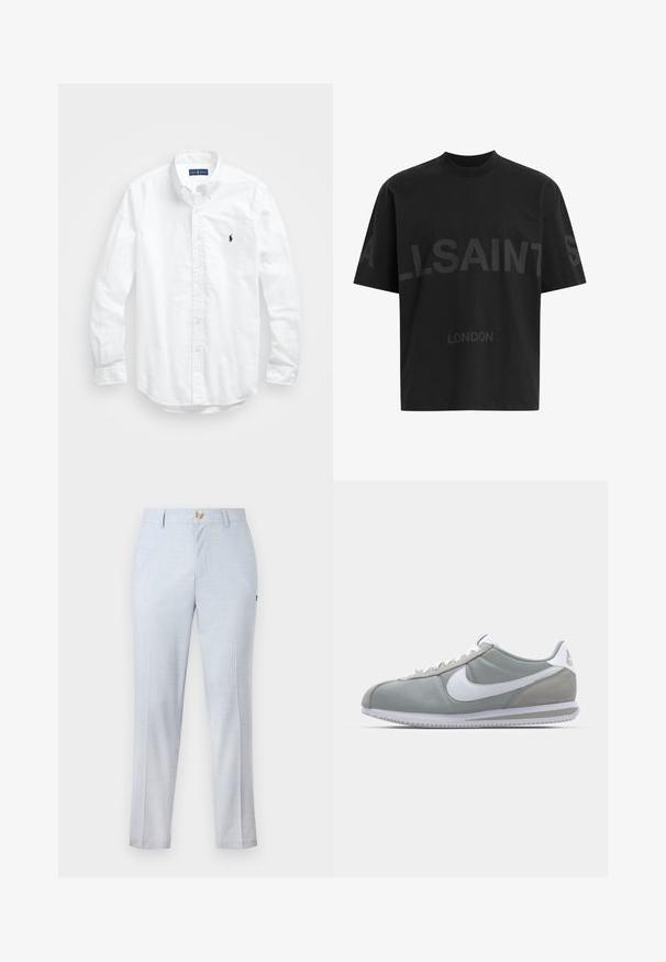 Hvid langærmet skjorte i bomuld. Har en klassisk krave, knapmanchetter og et lille marineblåt broderet logo på brystet.; Sort T-shirt i bomuld med løs pasform, der har et stort tonalt "ALLSAINTS" design og teksten "LONDON" på forsiden. Korte ærmer, rund hals.; Lyseblå bukser i vævet stof, der har en klassisk pasform, lige ben, forlommer og knaplukning. Delikat mønsterdetalje.; Grå atletisk sko med overdækning i ruskind og tekstil, hvid Nike swoosh og hvide snørebånd. Har en struktureret gummisål og polstret krave.