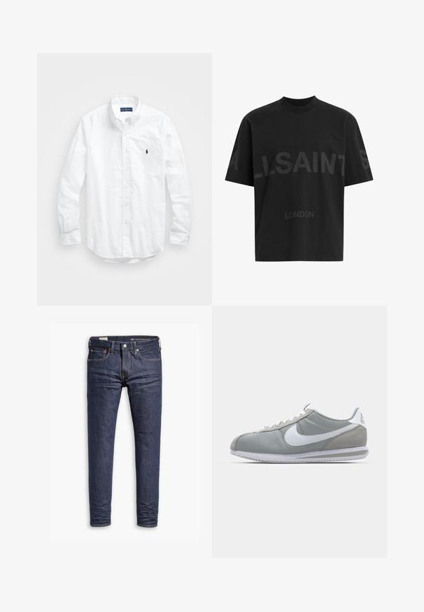 Biała, bawełniana koszula z długim rękawem zapinana na guziki. Posiada klasyczny kołnierzyk, mankiety zapinane na guziki oraz małe, granatowe, haftowane logo na klatce piersiowej.; Czarna, oversize koszulka z ciemnoszarym napisem "ALLSAINTS" na piersi oraz słowem "LONDON" mniejszymi literami poniżej.; Ciemnoniebieskie, dopasowane dżinsy Levi's Performance z pięcioma kieszeniami i widocznym przeszyciem na białym tle.; Szare buty sportowe z cholewką z zamszu i tekstyliów, białym logo Nike i białymi sznurówkami. Posiadają teksturowaną gumową podeszwę i wyściełany kołnierz.