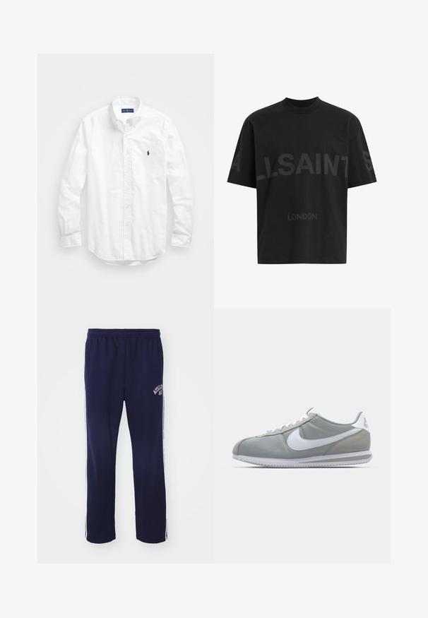 Bela dolg rokav srajca s gumbi iz bombaža. Ima klasičen ovratnik, gumbnice na zapestjih in majhen temno moder vezen logotip na prsih.; Črna oversize majica s短kimi rokavi z temno sivo napisano besedo "ALLSAINTS" čez prsi in "LONDON" v manjših črkah spodaj.; Temno modri trenirke iz mehkega in zračnega materiala z elastiko v pasu, belimi stranskimi črtami in vezenim napisom na levi nogi.; Sive tenisice za šport z zgornjim delom iz semiša in tekstila, belim Nike swooshom in belimi vezalkami. Imajo strukturirano gumijasto podplat in oblazinjen ovratnik.