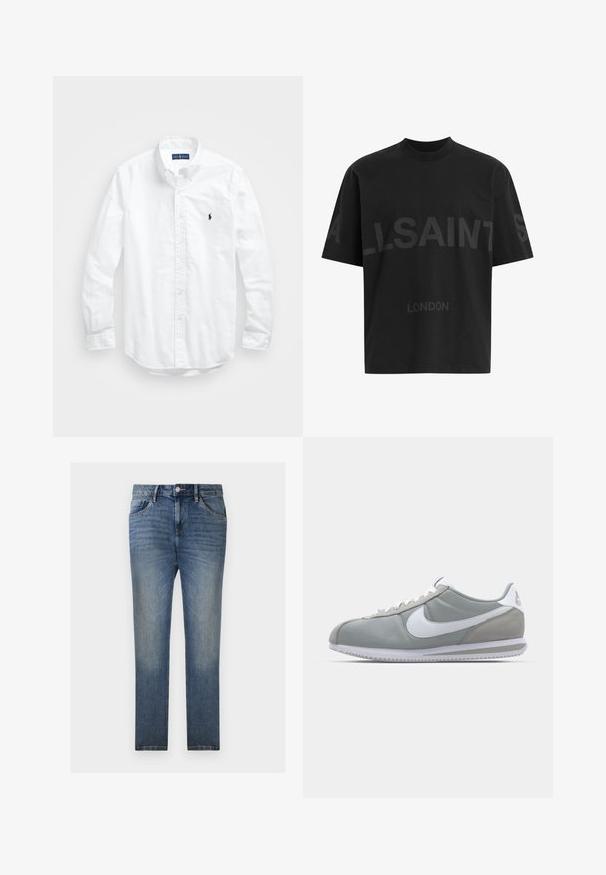 White long-sleeve button-up shirt in cotton. Features a classic collar, button cuffs, and a small navy embroidered logo on the chest.; Black oversized T-shirt with dark grey "ALLSAINTS" text across chest and "LONDON" in smaller letters below.; TOM TAILOR JOSH - Straight leg jeans - clean light stone blue denim; Gray athletic shoe with a suede and textile upper, white Nike swoosh, and white laces. Features a textured rubber sole and padded collar.