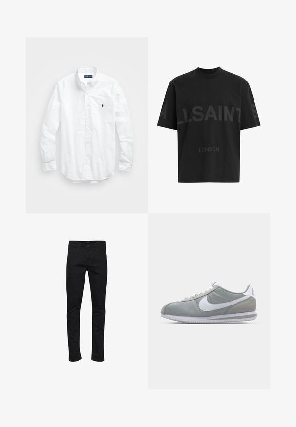 Valge pikkade varrukatega kotitõmblusega särk puuvillast. Omab klassikalist kraed, nööpidega mansette ja väikest tumesinist tikandit rinnal.; Musthave suuruses must T-särk tumedatest halli "ALLSAINTS" tekstiga rinnal ja väiksemate tähtedega all "LONDON".; Musta denimist valmistatud kitsad teksad, millel on klassikaline viie tasku disain, tugev õmblus ning lukuga ja nööbiga sulgemine.; Hallitus hallikets pro piletse ja teki, valge Nike swoosh ja valged paelad. Omab tekstuuriga kummitalda ja polsterdatud krae.