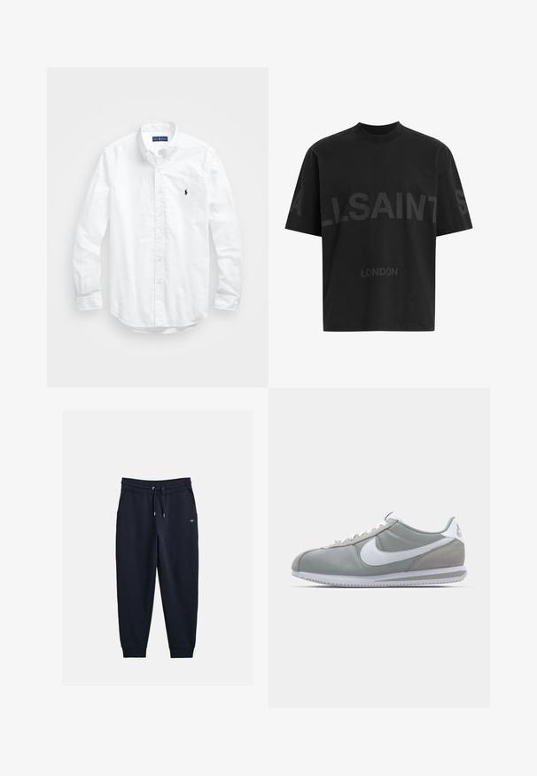 Fehér, hosszú ujjú, gombos férfiing pamutból. Klasszikus gallérral, gombos mandzsettával és egy kis sötétkék hímzett logóval a mellrészen.; Fekete, túlméretes póló sötétszürke "ALLSAINTS" felirattal a mellkason, alatta kisebb betűkkel "LONDON" felirattal.; Tengerészkék melegítőnadrág, puha anyagból, rugalmas derékkal, húzózsinórral, oldalsó zsebekkel és bordás mandzsettákkal.; Szürke sportcipő velúr és textil felsőrésszel, fehér Nike pipa logóval és fehér fűzőkkel. Jellemzője egy texturált gumi talp és párnázott bokarész.