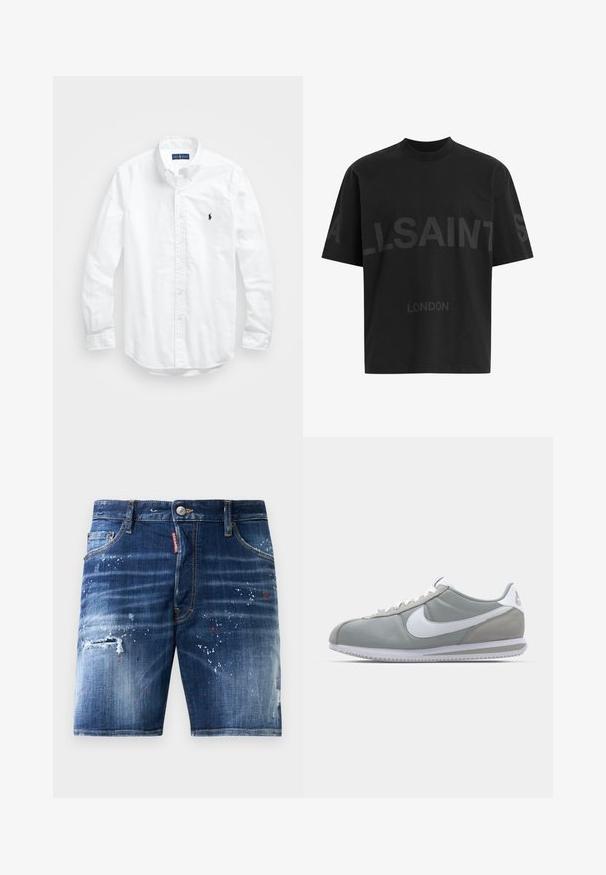 Bílá košile s dlouhým rukávem a knoflíkovým zapínáním vyrobená z bavlny. Má klasický límec, knoflíkové manžety a malé námořnické vyšívané logo na hrudi.; Černé oversized tričko s tmavě šedým nápisem "ALLSAINTS" na hrudi a menším textem "LONDON" pod ním.; Denimové šortky s tmavě modrou wash, zdobené skvrnami od barvy, poškozenými oblastmi a zipovým zapínáním s kovovým knoflíkem.; Šedá sportovní bota s svrchní částí z semiše a textilu, bílým logem Nike a bílými tkaničkami. Obsahuje texturovanou gumovou podrážku a polstrovaný límec.