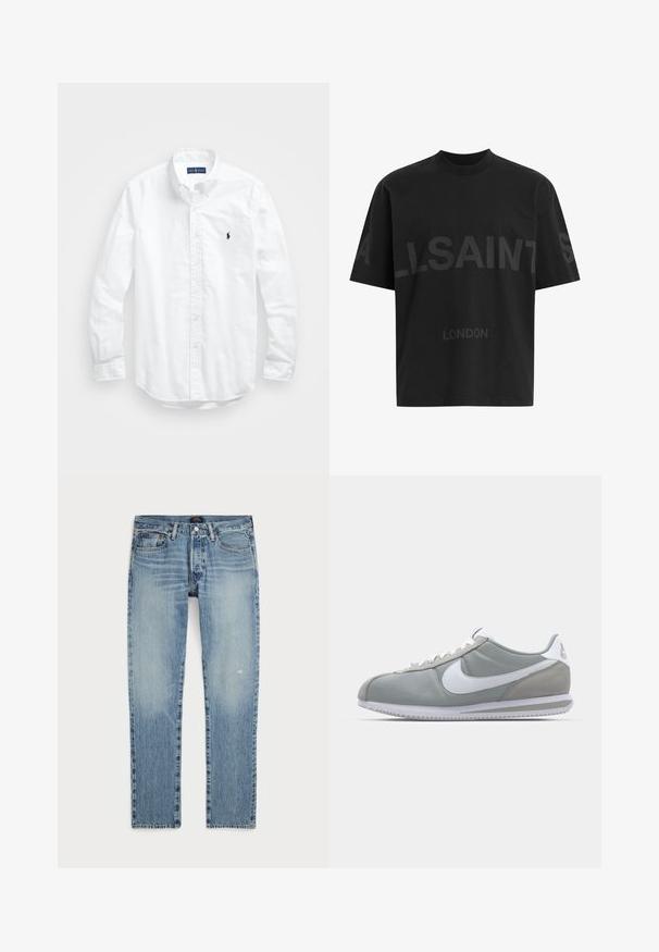 Hvit langermet skjorte i bomull med knapper. Har en klassisk krage, knappe mansjetter og en liten marineblå brodert logo på brystet.; Svart oversized T-skjorte med mørkegrå "ALLSAINTS" tekst over brystet og "LONDON" i mindre bokstaver under.; Lys blå denim jeans med rett benklipp, med en falmet vask, subtile slitasjer og standard fem-lomme design.; Grå idrettssko med overdel i semsket skinn og tekstil, hvit Nike swoosh og hvite snøringer. Har en teksturert gummisåle og polstret krage.