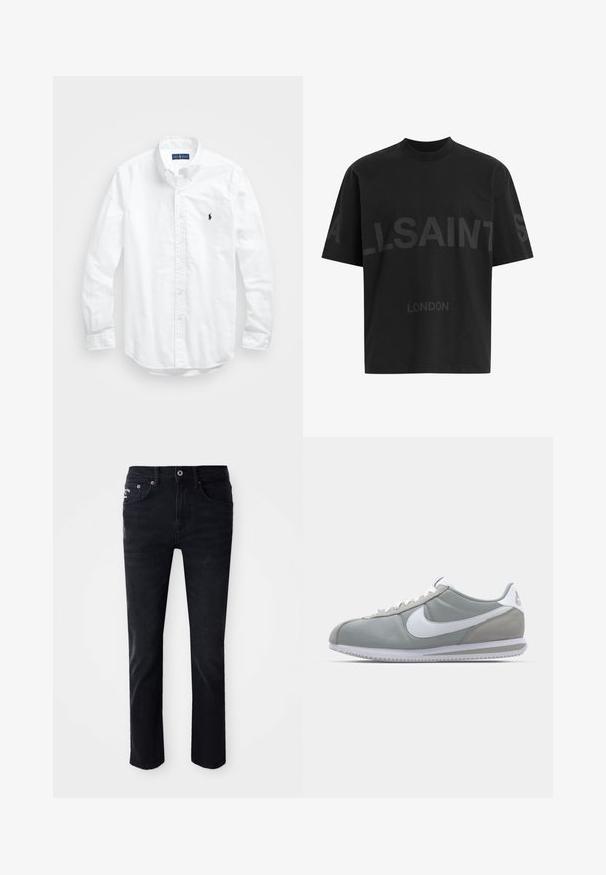 Bela dolg rokav srajca s gumbi iz bombaža. Ima klasičen ovratnik, gumbnice na zapestjih in majhen temno moder vezen logotip na prsih.; Črna oversize majica s短kimi rokavi z temno sivo napisano besedo "ALLSAINTS" čez prsi in "LONDON" v manjših črkah spodaj.; Črne kavbojke iz denima s ravnim krojem, ki imajo pet žepov, zadrgo in kovinsko strojno opremo, ter gladko teksturo.; Sive tenisice za šport z zgornjim delom iz semiša in tekstila, belim Nike swooshom in belimi vezalkami. Imajo strukturirano gumijasto podplat in oblazinjen ovratnik.