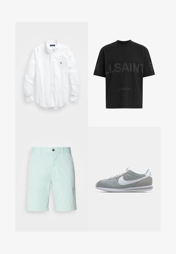 Vit långärmad skjorta i bomull med knappar. Har en klassisk krage, knappmanchetter och en liten broderad logotyp i marinblått på bröstet.; Svart oversized T-shirt med mörkgrå "ALLSAINTS"-text över bröstet och "LONDON" i mindre bokstäver nedanför.; Ljust mintgröna shorts i bomull, med dragkedja, knappstängning och sidofickor. Slät textur med en avslappnad design.; Grå idrottssko med ovandel i mocka och textil, vit Nike-swoosh och vita snören. Har en texturerad gummisula och vadderad krage.