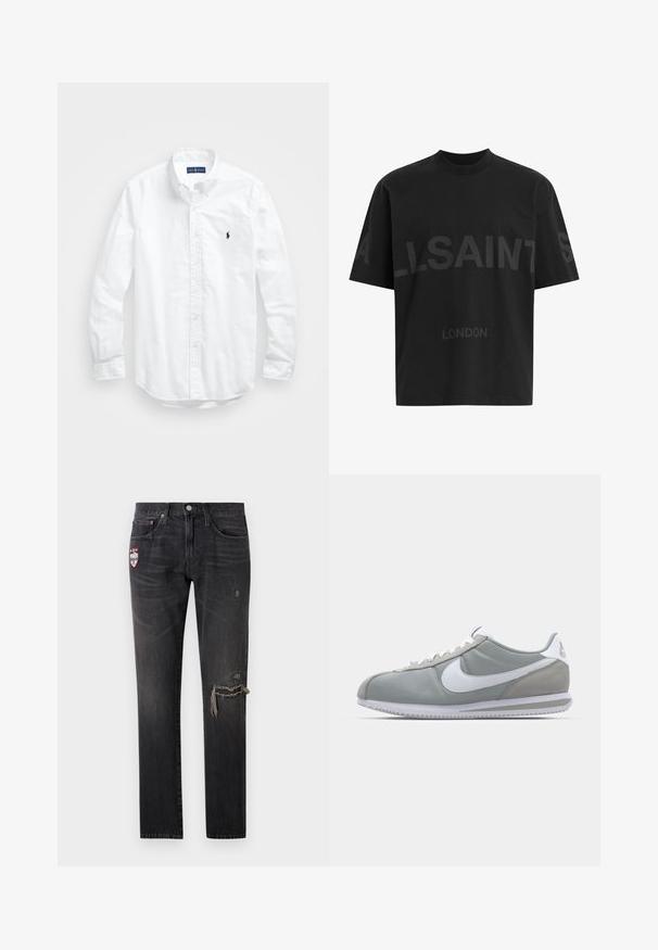 Camisa blanca de manga larga de algodón con botones. Presenta un cuello clásico, puños con botones y un pequeño logo bordado en azul marino en el pecho.; Camiseta negra de gran tamaño con el texto en gris oscuro "ALLSAINTS" en el pecho y "LONDON" en letras más pequeñas debajo.; Jeans de mezclilla negra con un corte recto, que presentan detalles desgastados y un parche colorido en el bolsillo delantero.; Zapatilla deportiva gris con parte superior de ante y textil, swoosh blanco de Nike y cordones blancos. Presenta una suela de goma texturizada y un collar acolchado.