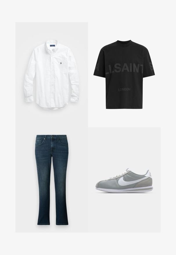Bela dolg rokav srajca s gumbi iz bombaža. Ima klasičen ovratnik, gumbnice na zapestjih in majhen temno moder vezen logotip na prsih.; Črna oversize majica s短kimi rokavi z temno sivo napisano besedo "ALLSAINTS" čez prsi in "LONDON" v manjših črkah spodaj.; Temno modre kavbojke z ravnim krojem hlačnic, narejene iz jeansa, z zapiranjem na gumbe spredaj in petimi žepi.; Sive tenisice za šport z zgornjim delom iz semiša in tekstila, belim Nike swooshom in belimi vezalkami. Imajo strukturirano gumijasto podplat in oblazinjen ovratnik.