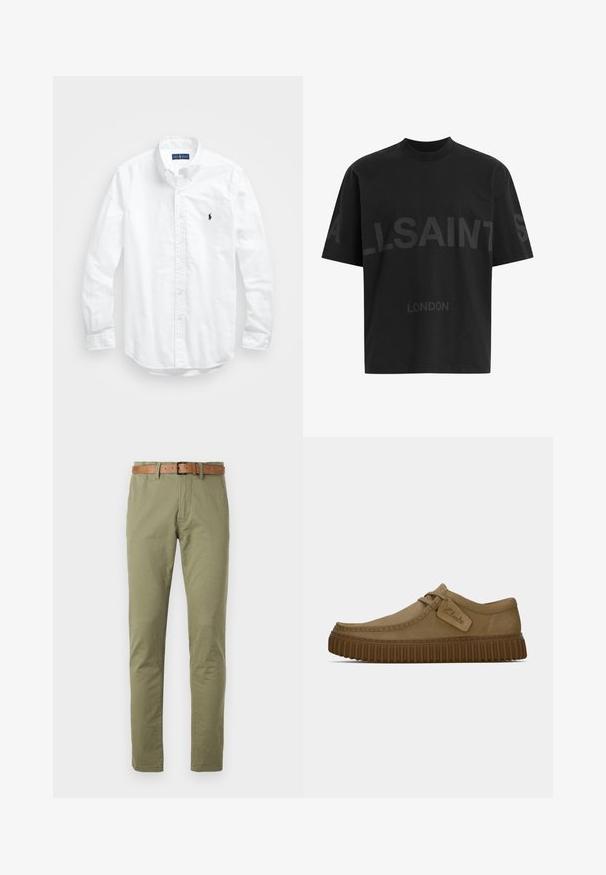 Biała, bawełniana koszula z długim rękawem zapinana na guziki. Posiada klasyczny kołnierzyk, mankiety zapinane na guziki oraz małe, granatowe, haftowane logo na klatce piersiowej.; Czarna, oversize koszulka z ciemnoszarym napisem "ALLSAINTS" na piersi oraz słowem "LONDON" mniejszymi literami poniżej.; Zielone oliwkowe spodnie bawełniane o prostym kroju nogawki, z brązowym skórzanym paskiem i gładką fakturą. Proste kieszenie z przodu.; Jasnobrązowe zamszowe buty z okrągłym noskiem, z przeszyciami i brązową gumową podeszwą o żebrowanej fakturze. Posiadają boczną metkę z logo "Clarks".