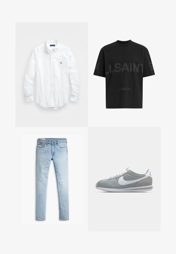 Camisa blanca de manga larga de algodón con botones. Presenta un cuello clásico, puños con botones y un pequeño logo bordado en azul marino en el pecho.; Camiseta negra de gran tamaño con el texto en gris oscuro "ALLSAINTS" en el pecho y "LONDON" en letras más pequeñas debajo.; Jeans de mezclilla ajustados en azul claro con cierre de botones y cremallera, bolsillos frontales y trabillas para cinturón sobre un fondo blanco.; Zapatilla deportiva gris con parte superior de ante y textil, swoosh blanco de Nike y cordones blancos. Presenta una suela de goma texturizada y un collar acolchado.