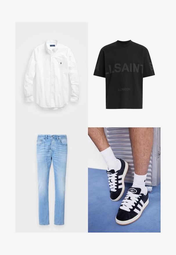 Balta garām piedurknēm pogājamā krekla izgatavots no kokvilnas. Iezīmē klasisku apkakli, poga aproces un mazu tumši zilu izšūtu logo uz krūšu.; Melna pārstrādāta T-kreklā ar tumši pelēku "ALLSAINTS" tekstu pār krūtīm un "LONDON" mazākā izmērā zem tā.; Gai zila džinsu bikses ar taisnu kāju piegriezumu, ar pogu aizdari, piecu kabatu dizainu un vieglu izbalēšanu uz augšstilbiem.; Melni zamšaini sporta apavi ar baltiem šņorēm un trim baltām svītrām. Iekļauj arī apaļu melnu logotipu uz mēles un gumijas zoli.