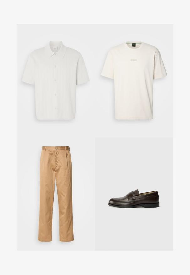 Koszula krótki rękaw z białego materiału o prążkowanej fakturze, z klasycznym kołnierzykiem i zapięciem na guziki.; BOSS - T-shirt basic; Spodnie khaki, z mieszanki bawełny, prosty krój nogawki, fałdy z przodu, pętle na pasek i zapięcie na guzik. Gładka tekstura bez wzorów.; Calvin Klein - Półbuty wsuwane