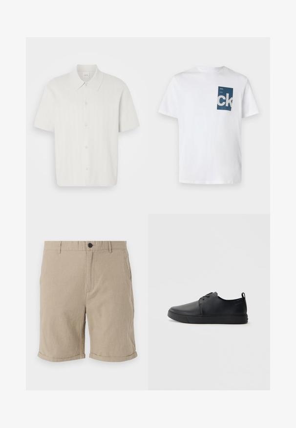 Košele s krátkym rukávom z bielej látky s ryhovanou textúrou, so klasickým golierom a zapínaním na gombíky.; Biela bavlnená tričko s modrou obdĺžnikovou náprsníčkom a bielym logom "ck" a textovými detailmi. Krátke rukávy, okrúhly výstrih, bežný strih.; Béžové ľanové šortky s uzatváraním na gombík, rovný predný diel, bočné vrecká a prehnuté lemy, vyrobené z textúrovanej látky pre lepšiu priedušnosť.; Čierne kožené tenisky s hladkým povrchom, zaoblenou špičkou, tonálnym šitím, šnurovaním vpredu a plochou gumovou podrážkou. Obojok na päte.