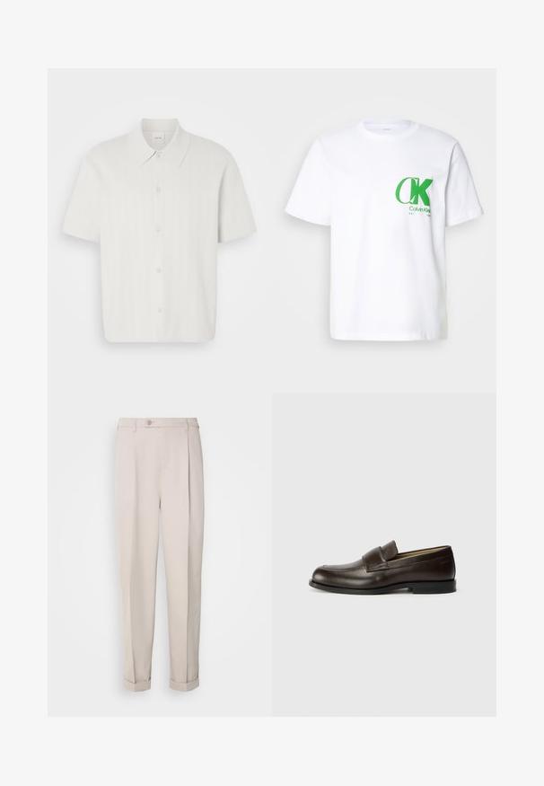 Kratek rokav srajca iz belega blaga z gubanjem, ki ima klasičen ovratnik in zapiranje s gumbi.; Bela bombažna majica s zelenim CK logotipom na levem prsnem delu. Klasična zasnova s krojenim ovratnikom, kratkimi rokavi in ravnim robom.; Bež hlače iz gladkega blaga, s ravnim krojem, enim naborkom in zavihanimi manšetami. Vključujejo zapiranje z gumbom spredaj.; Calvin Klein Čevlji brez vezalk - cocoa brown
