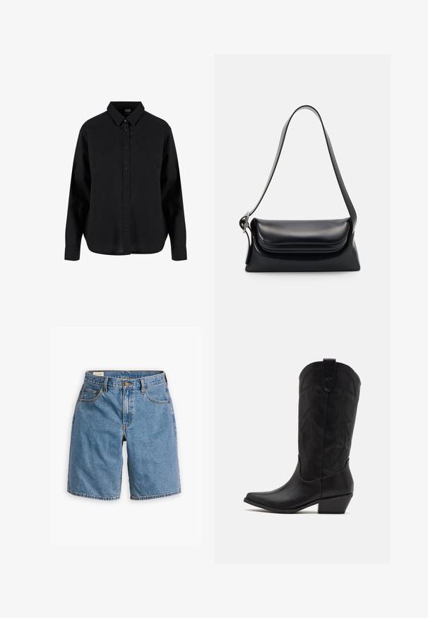 Musta pitkähihaisen napitettava paita, joka on valmistettu puuvillasta. Siinä on klassinen kaulus, etunapit ja rento istuvuus, jossa on kaareva helma.; Siniset farkkushortsit, joissa on klassinen viiden taskun muotoilu, vetoketjuluukku nappisuljin ja risat helmareunat.; Musta nahkakengät cowboy-tyyliin, joissa on terävä kärki, matala pinottu korko ja monimutkainen kohokuvioitu lehtimäinen kuvio varressa. Ylhäällä on silmäkumi helppoa pukemista varten.; Musta nahkainen käsilaukku, jossa on jämäkkä muoto, sileä pinta ja yksi olkahihna. Sisältää hienovaraisen, pyöristetyn läppädesignin.