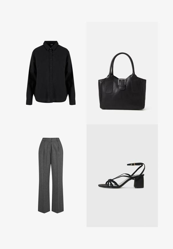 Zwarte lange mouwen blouse met knopen, gemaakt van katoen, met een klassieke kraag, voorknoopsluiting en een ontspannen pasvorm met een gebogen zoom.; Grijze op maat gemaakte broek met een wijde pijp, voorzien van een subtiel visgraatpatroon, plooien aan de voorkant en een gladde textuur.; Zwarte suède sandaal met een blokhak, voorzien van meerdere banden en een enkelgesp. Gladde zool en minimalistisch ontwerp.; Zwarte leren tote bag met een gladde textuur, gestructureerde vorm, twee handvatten en een opvallend zilveren sluitingdetail aan de voorkant.