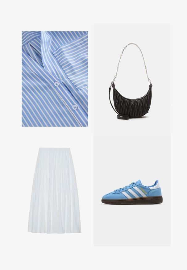 Világoskék és fehér csíkos anyag V-nyakkivágással, gombos záródással és mellzsebbel. Simább textúra és finom varrási részletek.; Fehér, réteges midi szoknya rugalmas derékkal, amely texturált anyagból készült, és finom függőleges csíkokkal díszített.; Világoskék velúr sneaker, fehér bőr csíkkal, barna texturált talppal és arany logó részlettel. Alacsony szárú dizájn, kerek orral.; Fekete műbőr kézitáska steppelt textúrával, ívelt formával, ezüst lánc pánttal és egy kis logó akcentussal az elején.