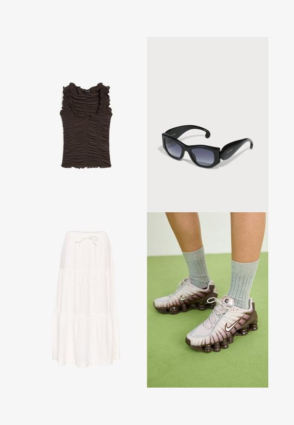 Top marrone senza maniche con scollo arricciato e tessuto arricciato in tutto il capo. Presenta una silhouette aderente e una superficie texturizzata.; Gonna maxi bianca a strati realizzata in tessuto leggero. Presenta una vita elastica con cordoncino da annodare. Texture liscia, design semplice.; Sneakers Nike in rosa chiaro e marrone, con tomaia testurizzata, design a strati e suola ammortizzata con unità d'aria visibili.; Occhiali da sole con montatura nera quadrata e lenti gradientate. Finitura lucida, aste spesse con dettaglio del logo dorato. Design classico e moderno.